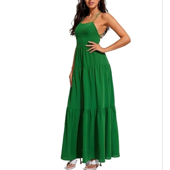 Boho Spaghetti Strappy Back Tiered Flowy Maxi Midi Cami Babydoll Dress Green - Picture 5 of 10